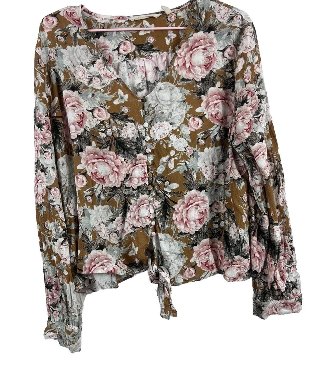 Soft Surroundings Women's Tan & Pink Roses LUPITA Tie Front Blouse, Size XL